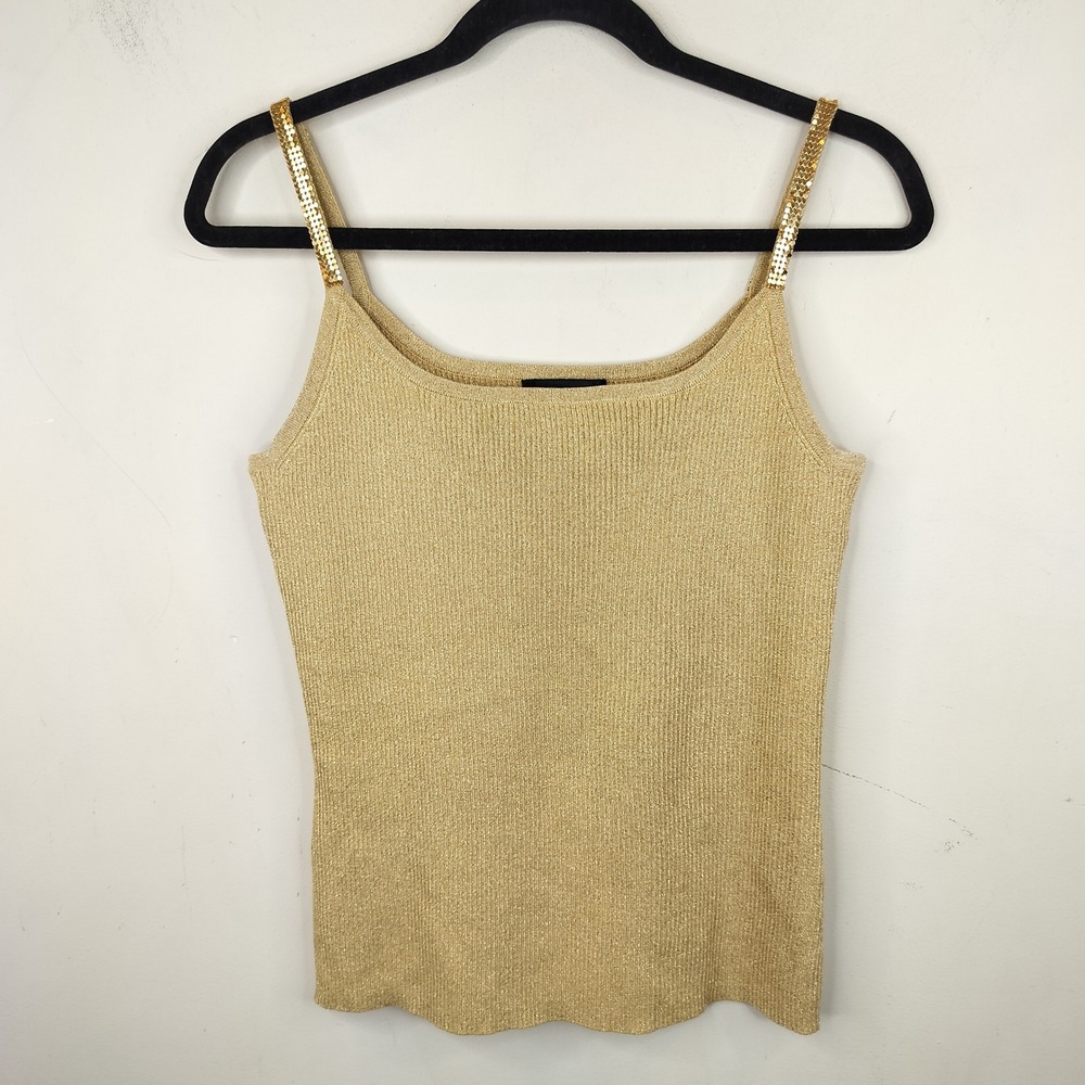 Pointelle Gold Shimmer Silk Knit Tank Top Large Sequin Strap Glam Sparkle
